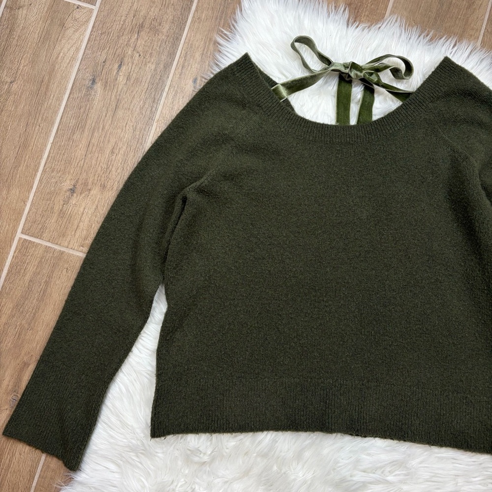 J.Crew Olive Green V-Back Sweater with Velvet Tie - Picture 2 of 11